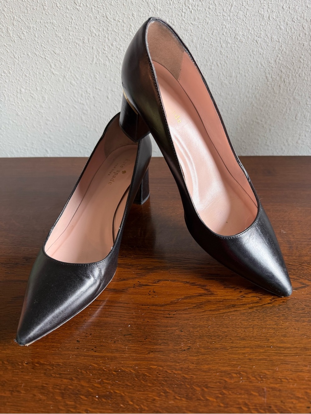 Kate Spade Milan Too Women’s Black Leather Block Heel Shoes with Gold Trim, 7 M
